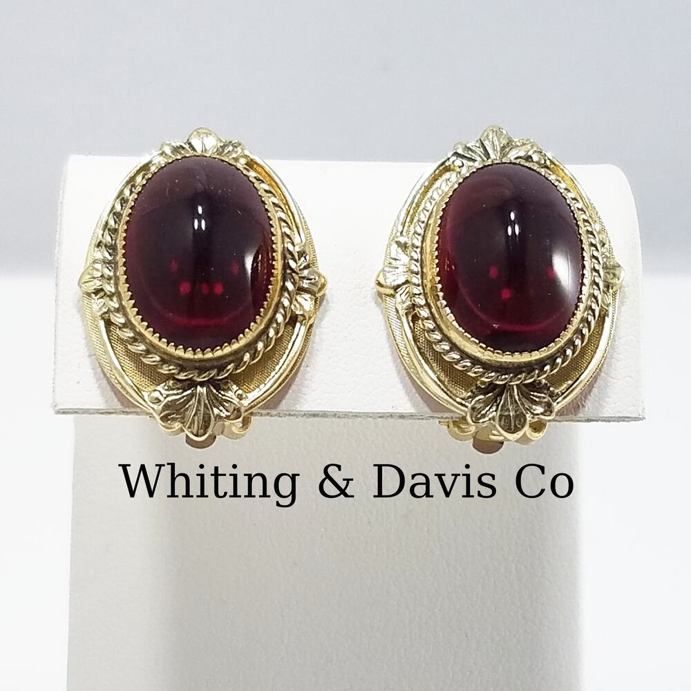Vintage Whiting & Davis Co Red Gold Clip Earrings 1960s Gold Tone, Red Cabochon